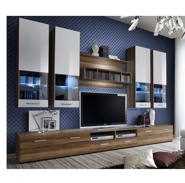 Kupi Regal za dnevni boravak  Dorade 300 cm - LED - korpus šljiva, fasada crno/bijela + šljiva / Cena v trgovini Vsebo